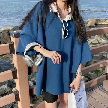 Wiaofellas  -  Summer Loose Men's Clothing Contrct Color T-shirt Korean Style Casual Turn Down Collar Short Sleeved Male Tops New Fashion